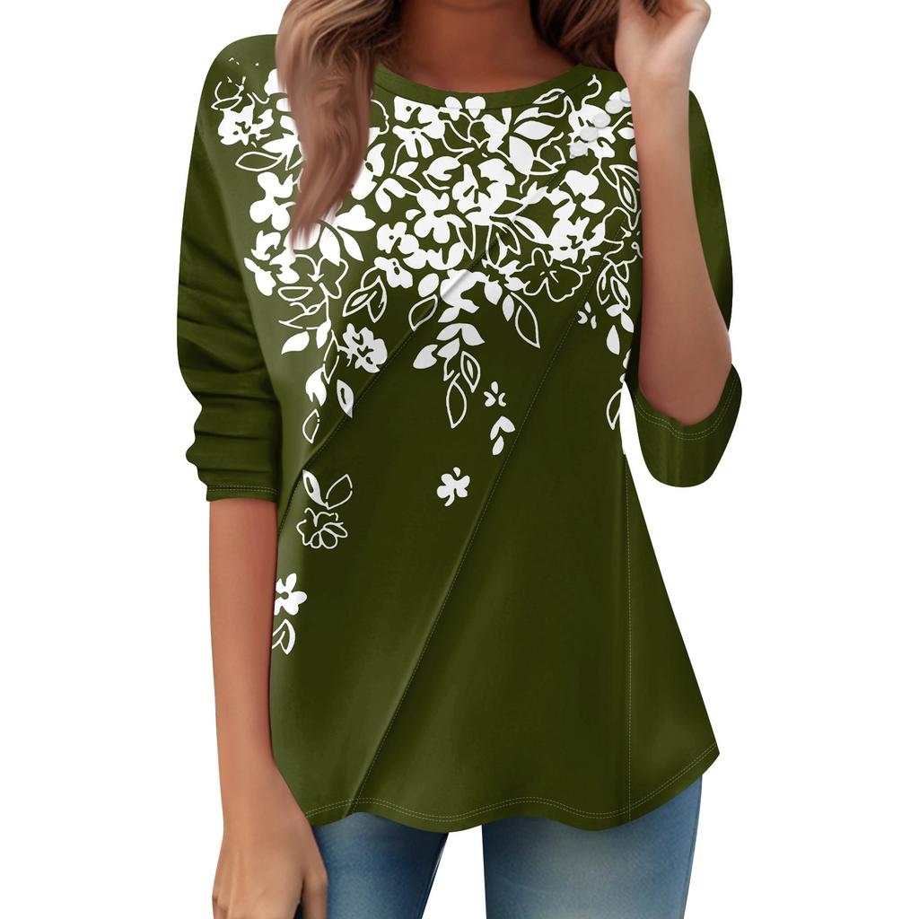 Women's Loose Casual Long Sleeve Top Round Neck Button Pull Stripe Prints T Shirt