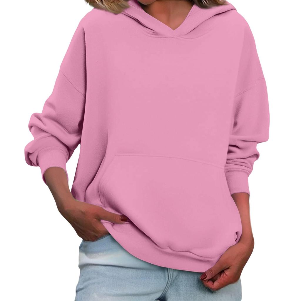 Women's Loose Long Sleeved Solid Color Casual Fleece Pullover Hooded Sweatshirt
