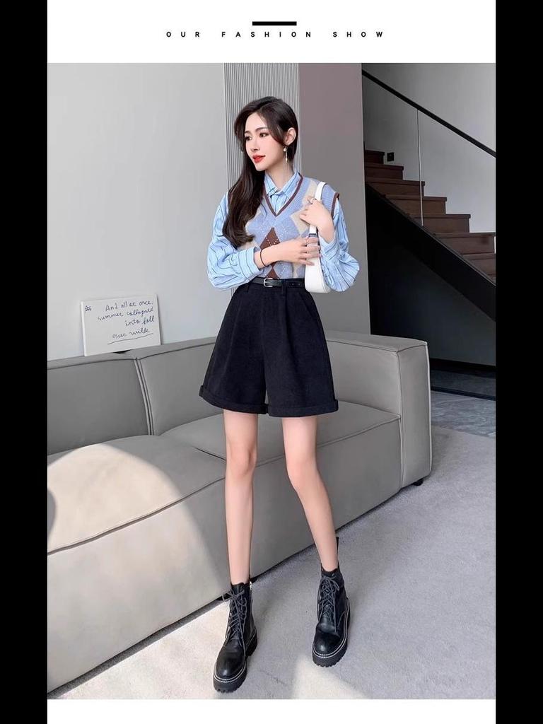 Женские шорты из вельвета с высокой талией - осень/зима, облегающий свободный крой, широкие штанины, корейская мода Майяра