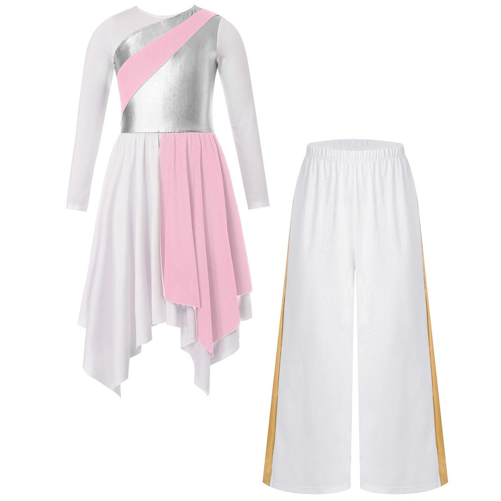 Girls Metallic Contrast Asymmetrical Hem Dress Wide Leg Pants Lyrical Praise Dance Costume Set