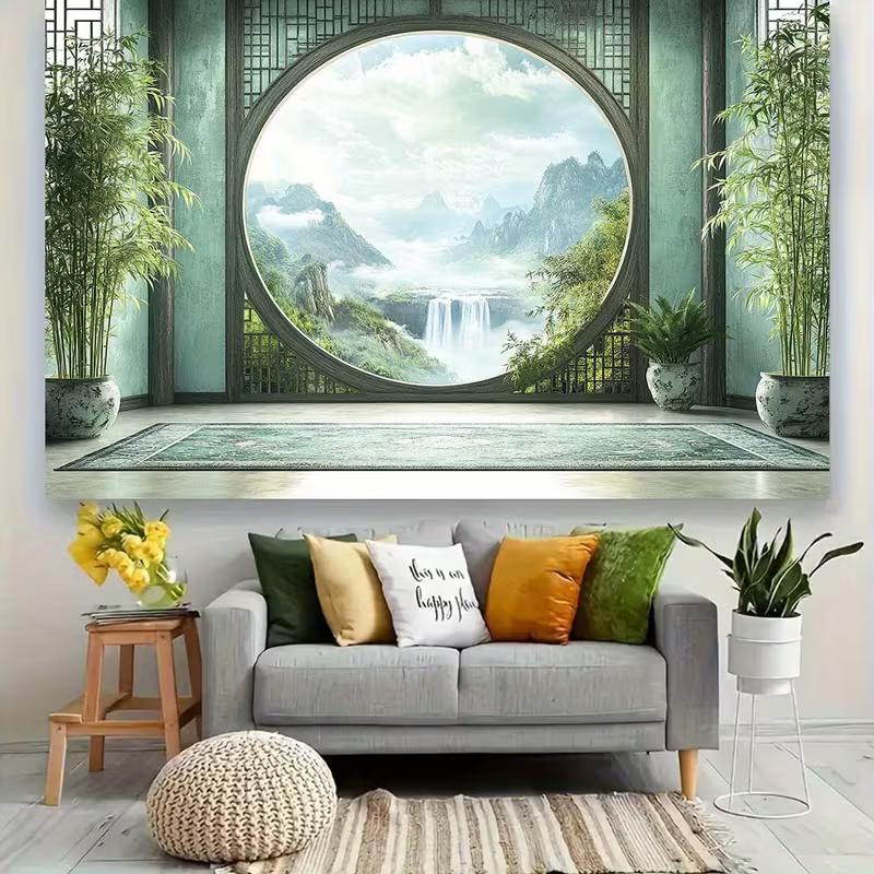 2D Oriental Bamboo and Misty Mountain Backdrop Photography Background Banner