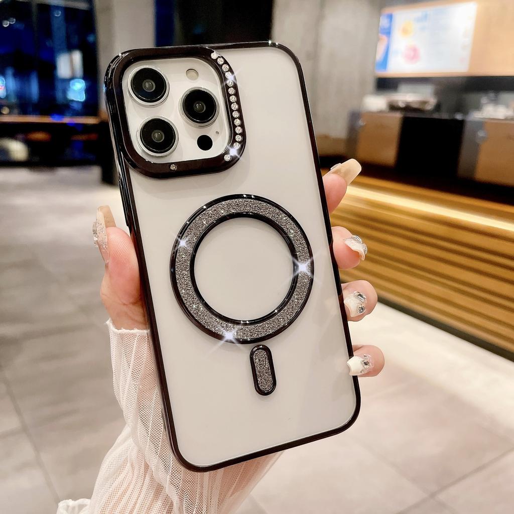 Подходит для IPhone16Pro Гальванизированный Водяной Бриллиант Чехол для Телефона, Apple 15 Инкрустированный Бриллиантами Блестящий 14 Магнитная Зарядка Защитный Чехол