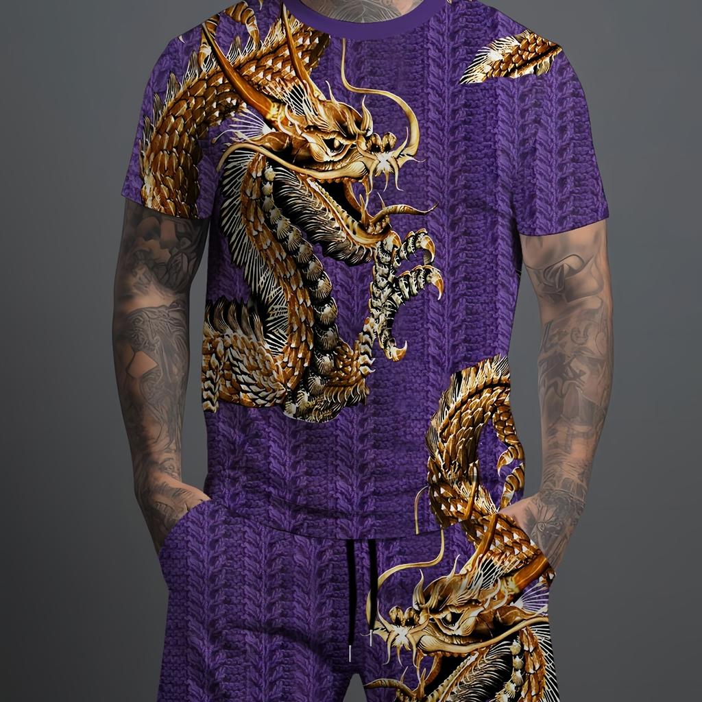 Мужской комфортный комплект из двух предметов с принтом дракона: модная футболка с короткими рукавами и повседневные шорты с карманами на шнурке для летней уличной одежды