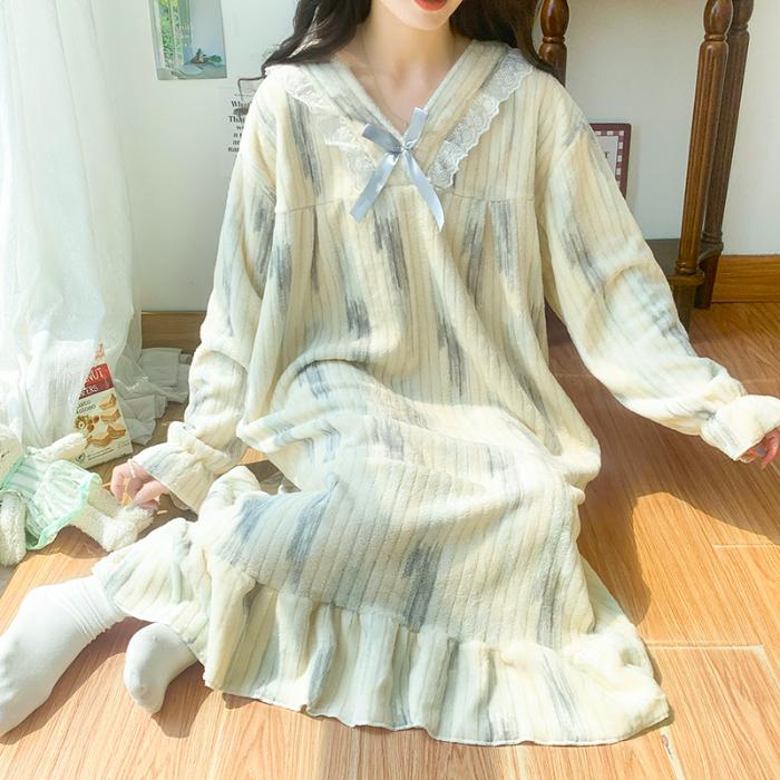 Осенне-зимние ночные рубашки и пижамы с принтом бабочек и кружевом, для молодых девушек, теплая фланелевая ночная рубашка с длинным рукавом, женская одежда для сна, повседневная свободная домашняя одежда