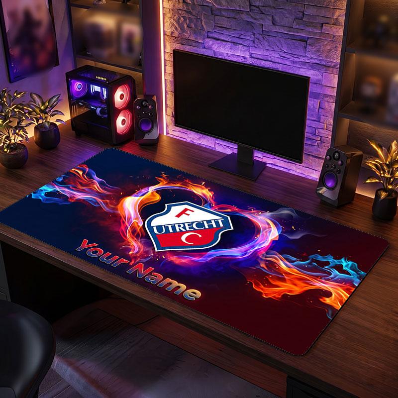 FC Utrecht Custom Large Mouse Pad, Personalized Name Text Print, Football Logo Non‑Slip Desk Mat Gaming Gift
