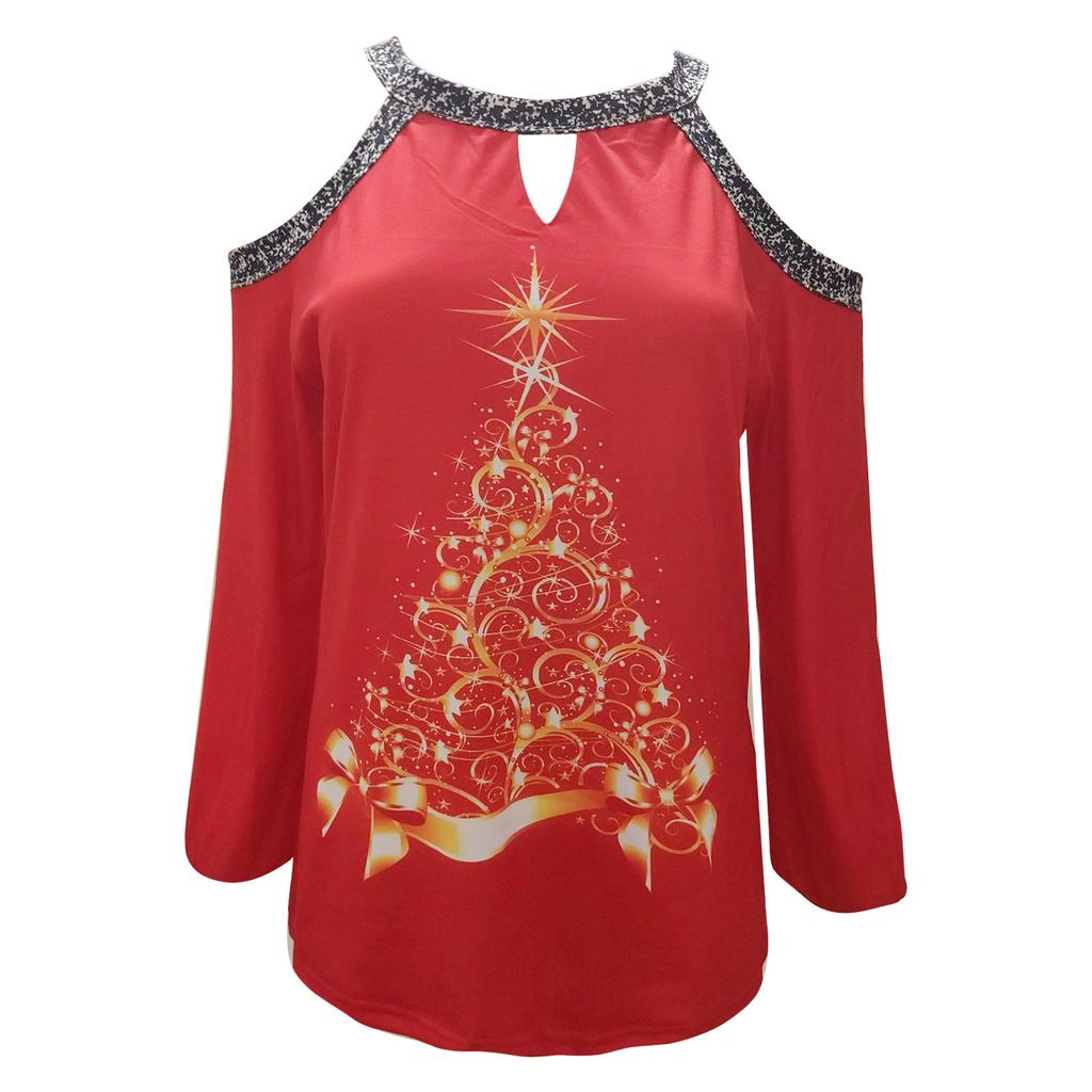 Женская свободная модная рождественская футболка с принтом, сексуальная футболка без бретелек с длинным рукавом и подвесным воротником
