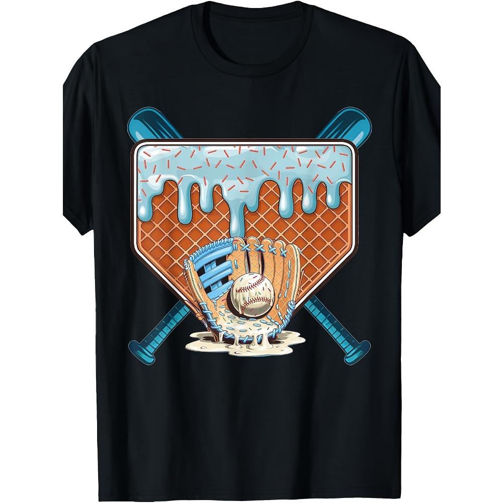 Retro Baseball Home Plate Drip T-Shirt with Sprinkles - Suitable for Casual Wear & Events, Machine Washable Round Neck Tee,