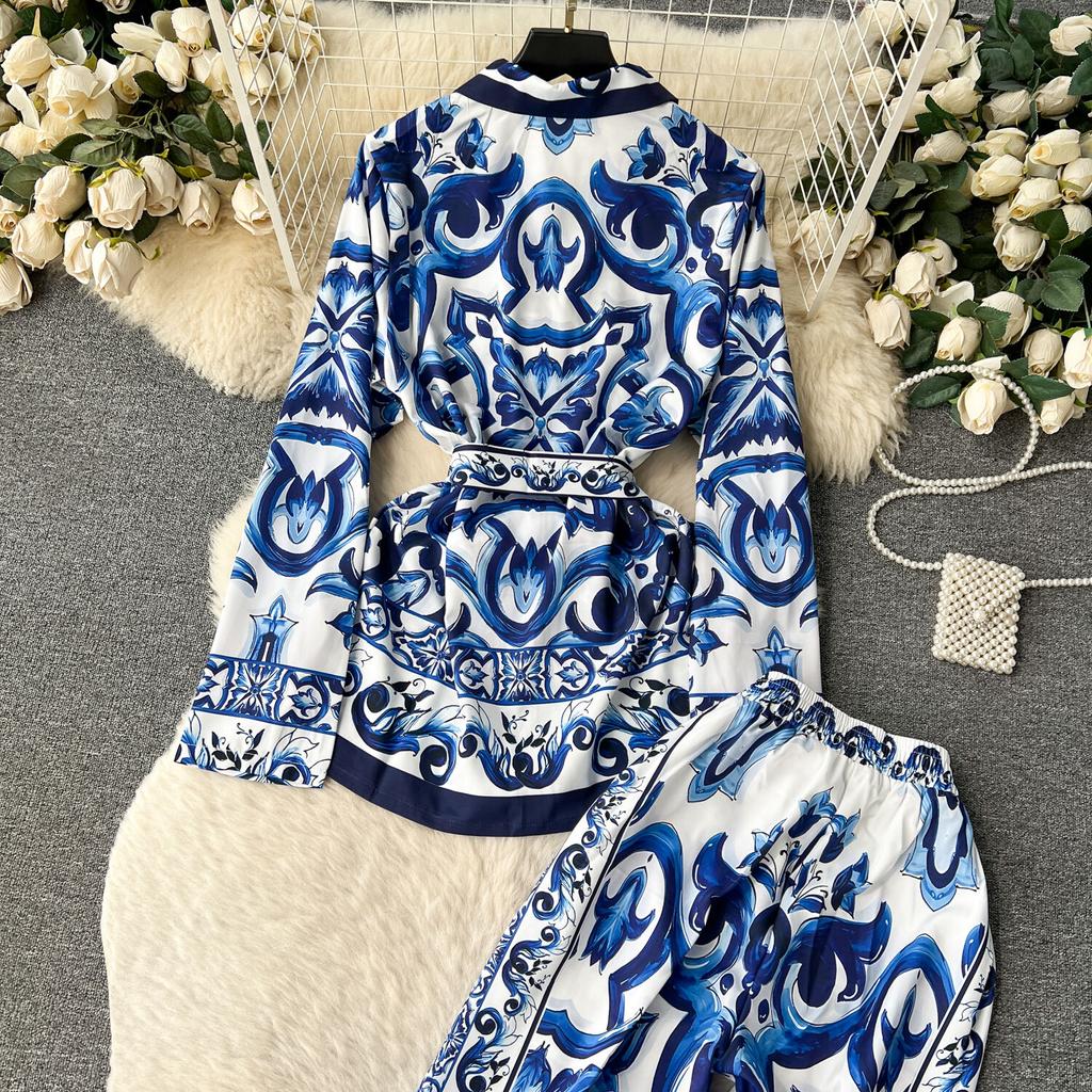 Fashion Designer Vintage Printed Two Piece Set for Women's Long Sleeve Blazer Collar Shirt+high Waisted Straight Pants Office Lady Outfits