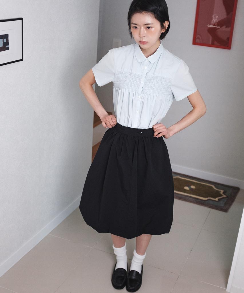 Cotton Bell Shirred Balloon Skirt - Black