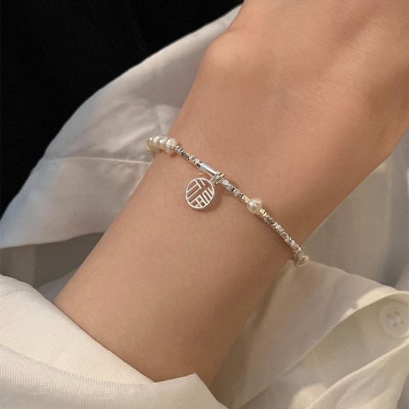 VENTFILLE 925 Sterling Silver Bracelet for Women Girl Pearl Fu Zi Temperament Korean Retro Design Jewelry Gift Dropshipping