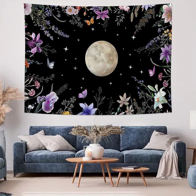 Moonlit Night Butterfly Tapestry with Starry Sky and Flowers Wall Decor for Bedroom Living Room Background