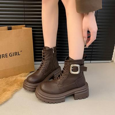 Модная женская обувь 2024 года, фирменные женские ботинки с боковой молнией, модные современные ботинки со шнуровкой спереди, женские новые однотонные ботинки с пряжкой на ремне