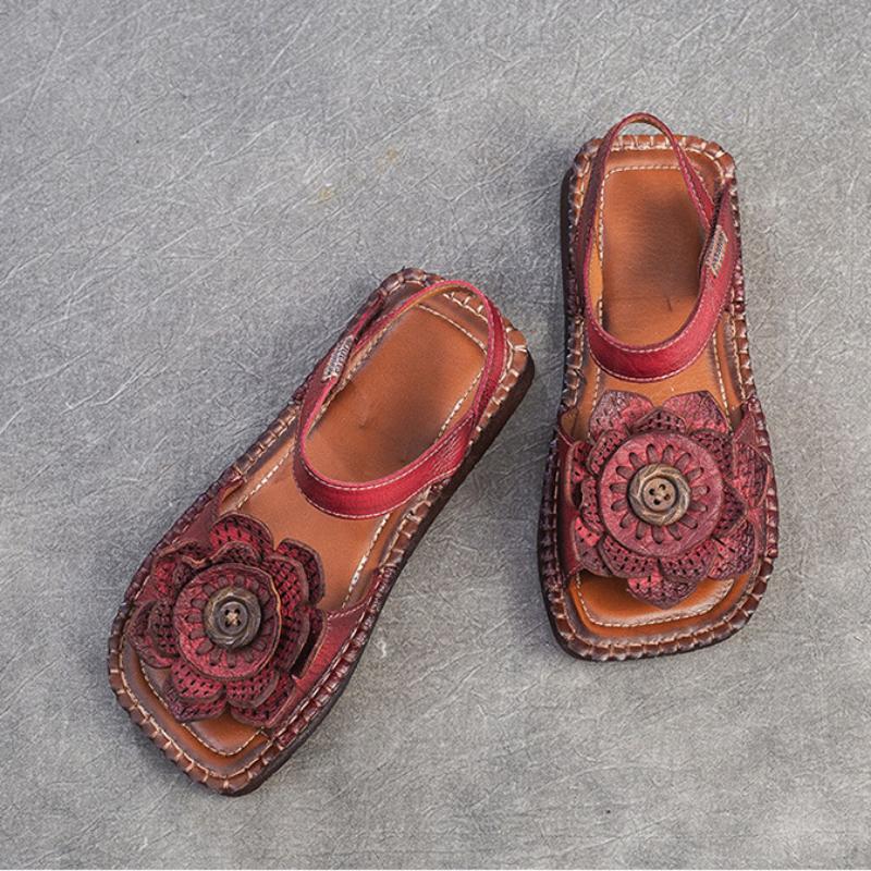 Johnature Сандалии на плоской подошве из натуральной кожи с цветочным принтом в стиле ретро, ​​удобная женская обувь с квадратным носком на мягкой подошве в этническом стиле