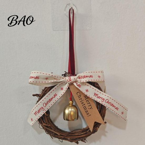 Winter Holiday Hanging Items Christmas Bell Rattan Wreath Ornament, Rustic Door Handle Wind Gift Tags For Presents Chime Decor with Ribbon Bow,
