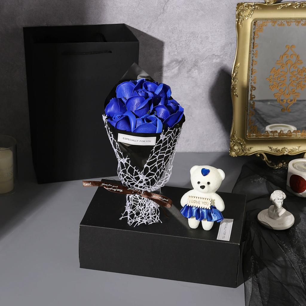 7 Heads Artificial Rose Bouquet Little Bear Gift Box Handmade False Flower Bouquet Mother's Day Birthday Party Gifts Home Decor