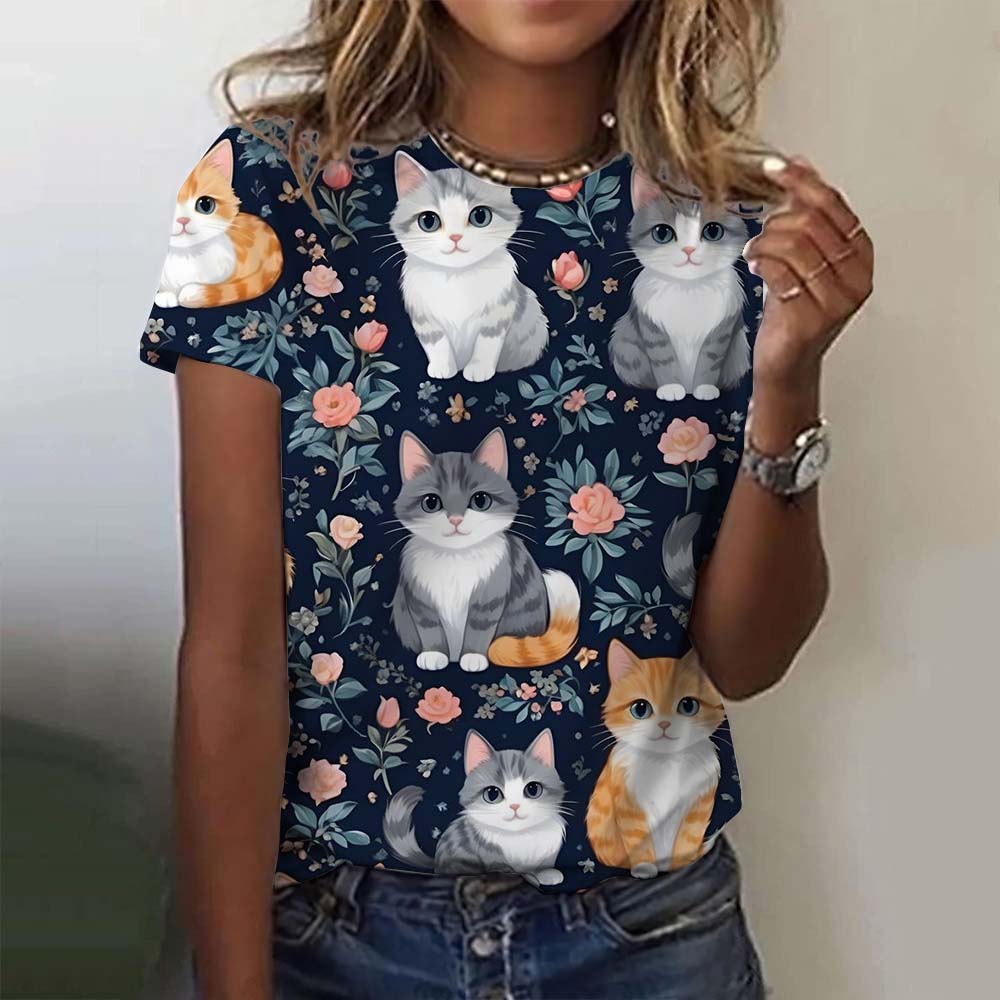 Women Cute Cat Flower Graphic Print Casual Short Sleeve Summer Street Fashion Tops Outdoor