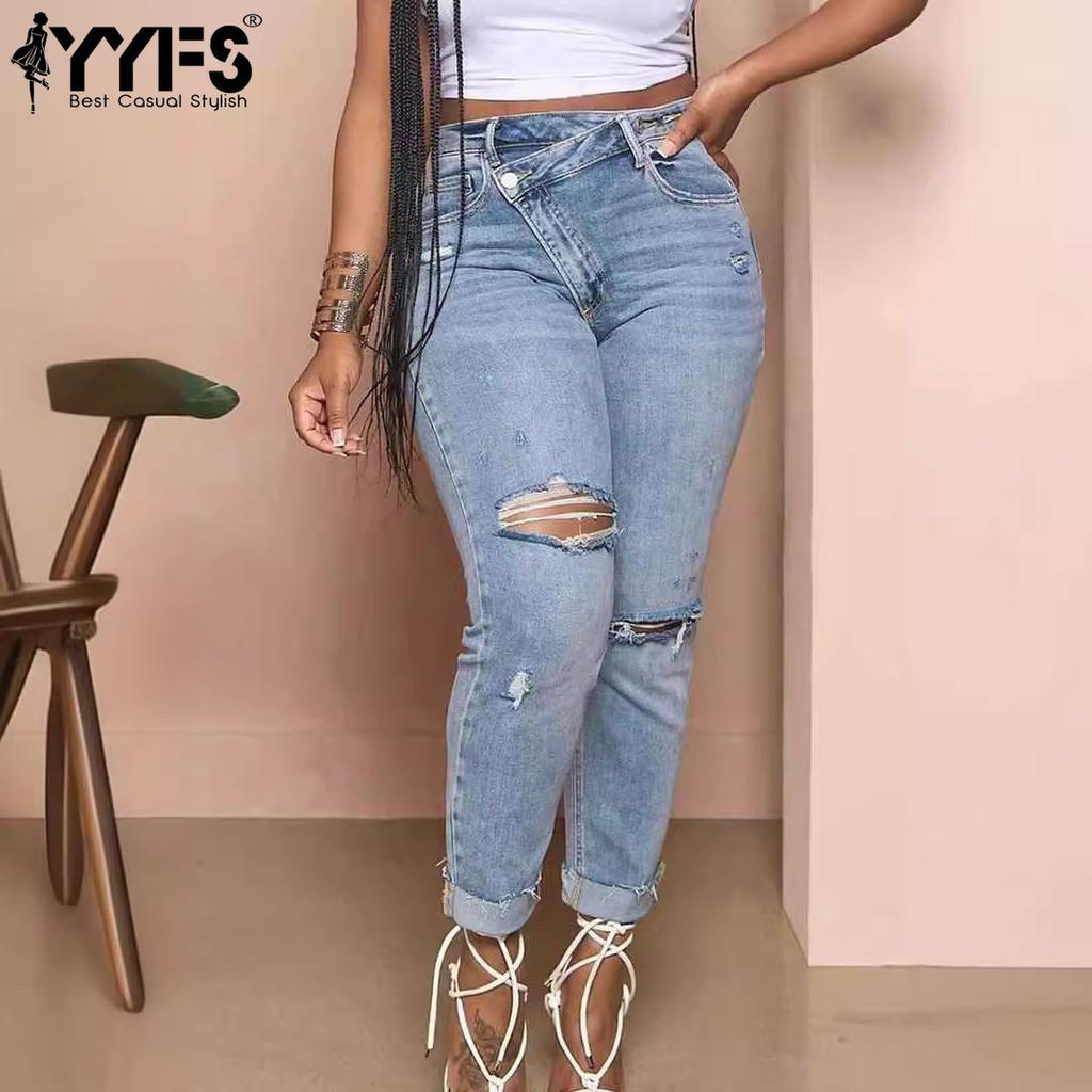 YYFS Women's Fashion Ripped Denim Casual Solid Color Print High Waist Trousers Pants & Capris
