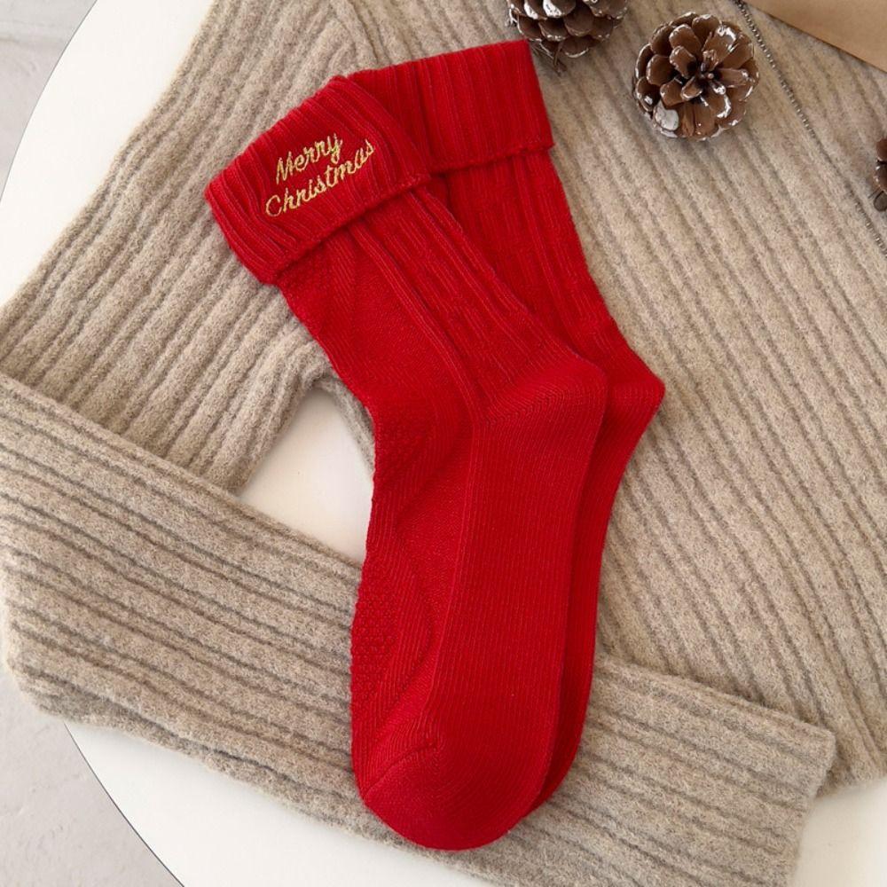 Cartoon Christmas Socks Embroidery Knitted Socks Cute Mid Tube Socks