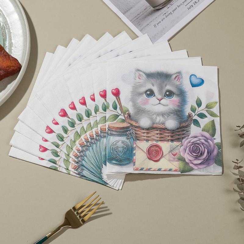 20pcs Printed Napkins Cute Cat Decoration Holiday Party High-end Hotel Restaurant Virgin Wood Pulp Square Napkins