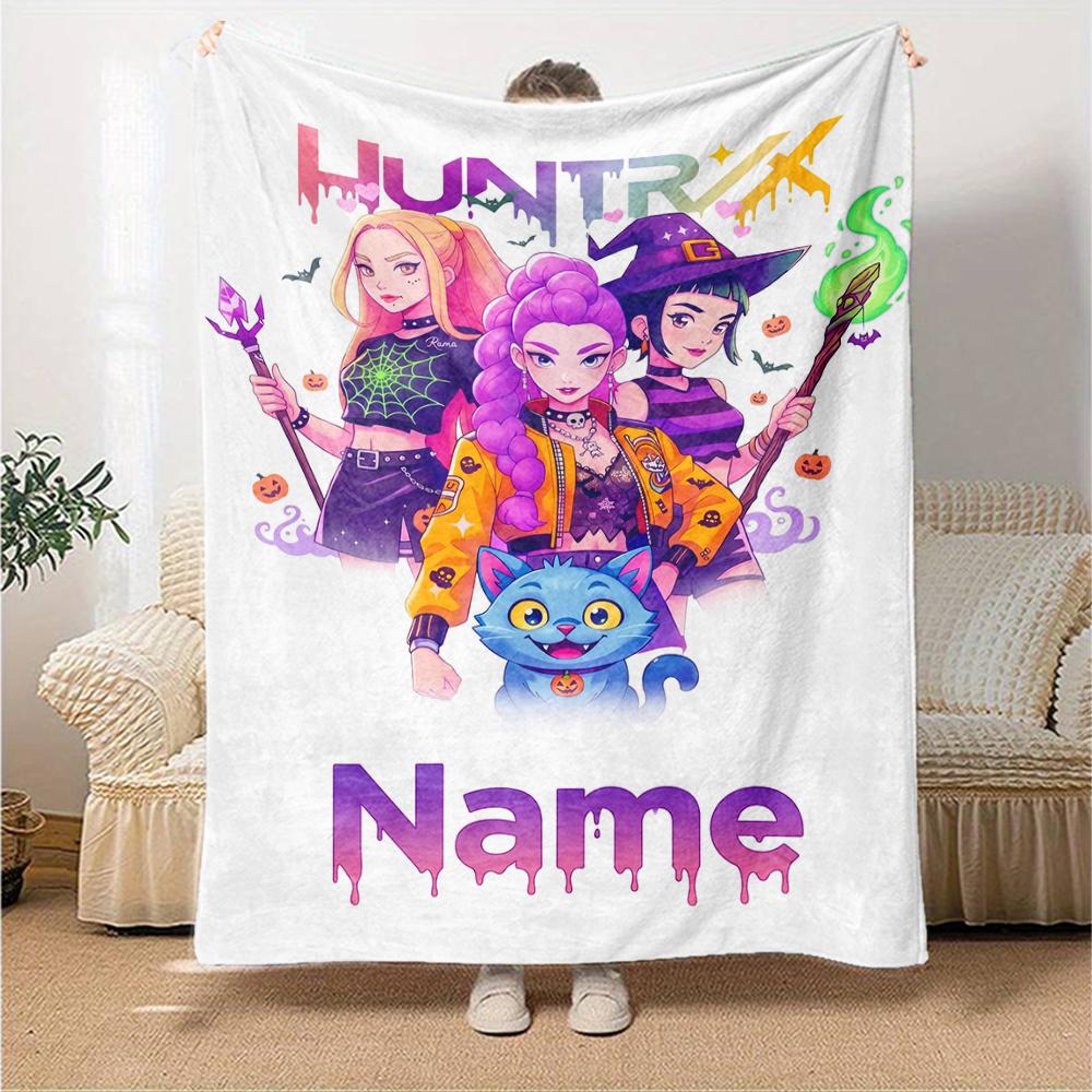 Custom Name Kpop Demon Hunters Theme Printed Blanket Perfect For Couch Bed Travel Outdoor Use Machine Washable Cozy Durable