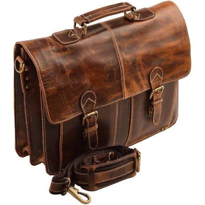 16 Inch Medium Buffalo Leather Briefcase Messenger Bag, Business Office Laptop Satchel Shoulder Bags For Men and Women