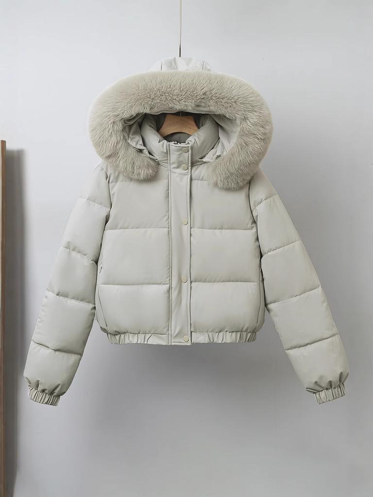 Women Short Medium Length Down Jacket Winter Warm Stand Collar Solid Color Casual Outerwear Coat