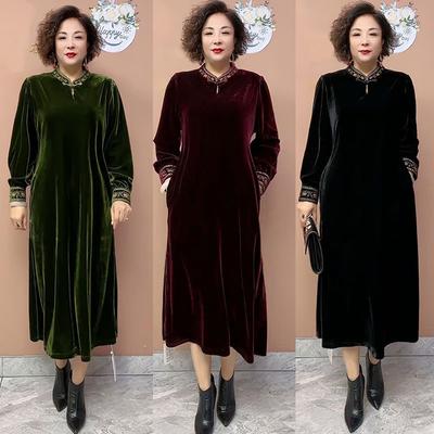 Осень Зима Женское Платье Большого Размера Свободное Однотонное Длинное Бархатное Платье
