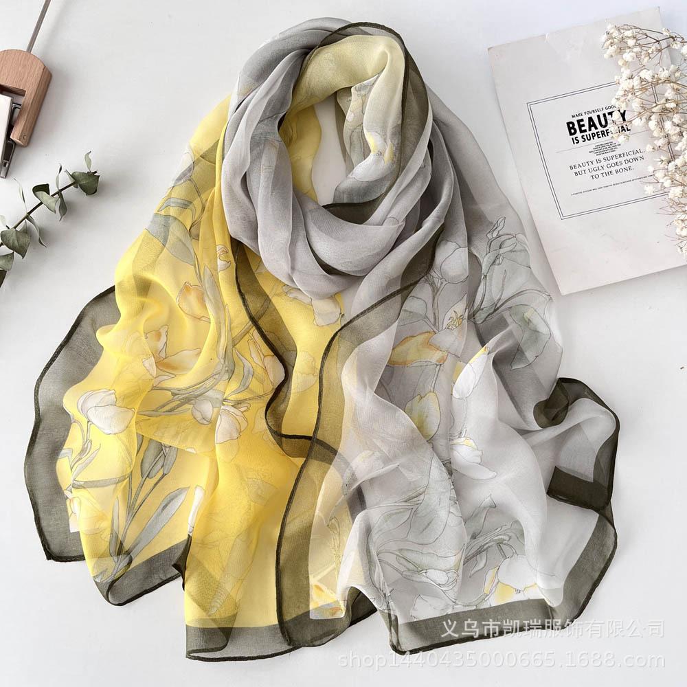 Новый длинный шелковый шарф с солнцезащитным кремом, тонкий искусственный шелк, весенне-летний женский шарф с принтом и украшением из жоржета
