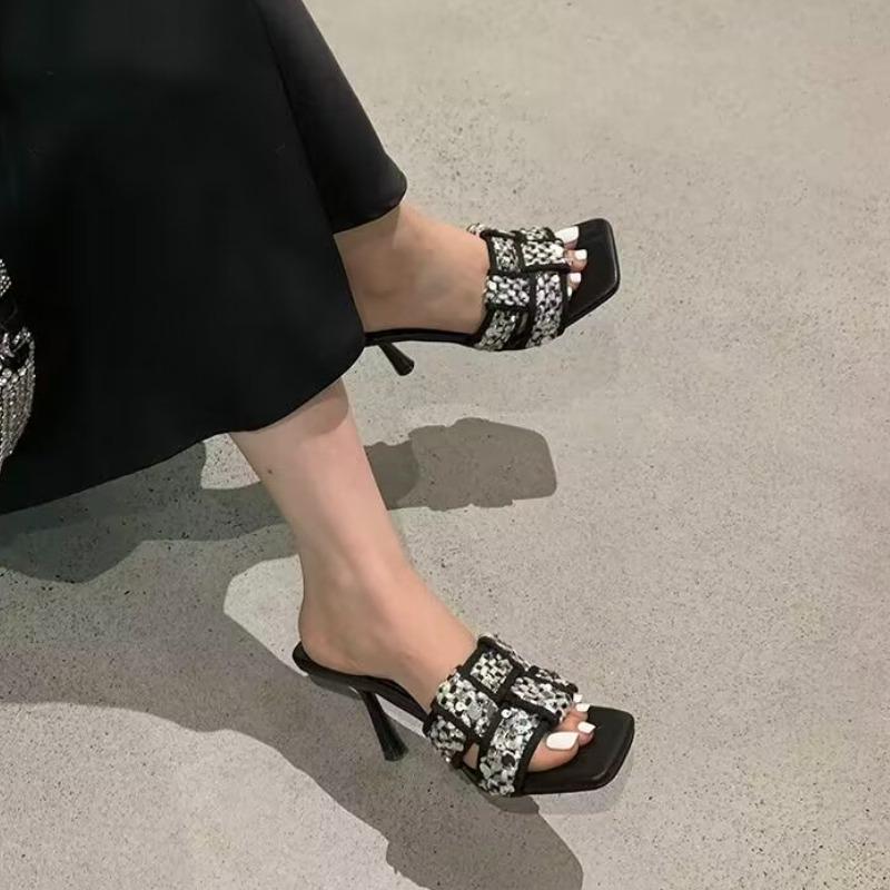 Женская обувь 2024 года, модные туфли с открытой пяткой, женские тапочки, летние туфли с открытым носком, квадратным носком, пайетками, туфли на шпильке или тонком каблуке