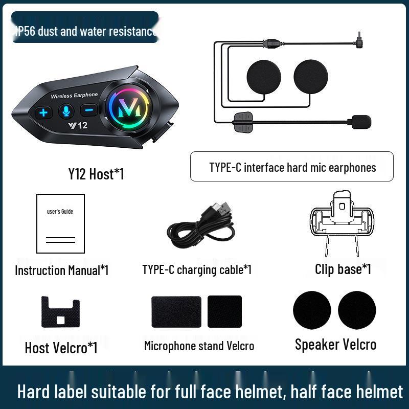 Bluetooth-гарнитура для мотоциклетного шлема Y12 с шумоподавлением, долгим временем работы, для полнолицевых и полулицевых шлемов.