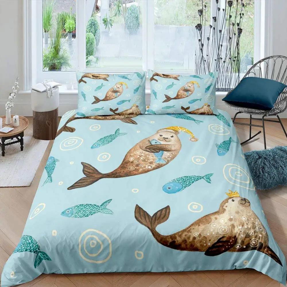Пододеяльник с изображением тюленя размера King, милый комплект постельного белья с изображением тюленя, милый экзотический стиль океана, 2/3 шт., полиэстеровое одеяло с изображением морской жизни