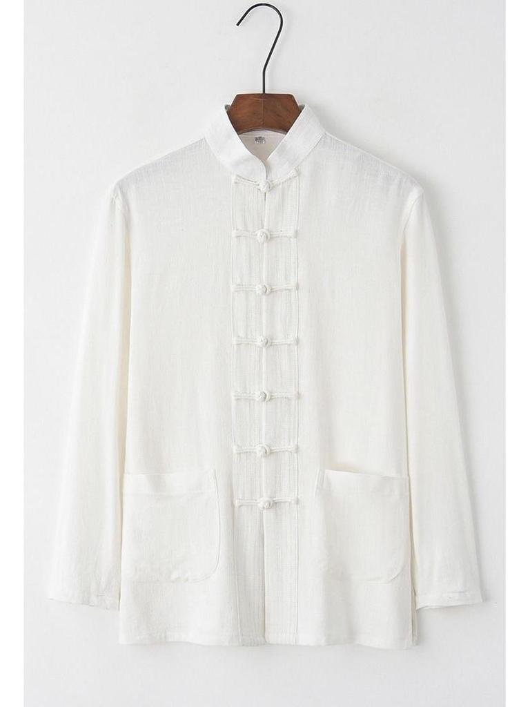 Men's Retro Chinese Style Cotton-Linen Long-Sleeve Tang Suit Hanfu Tai Chi Zen Top