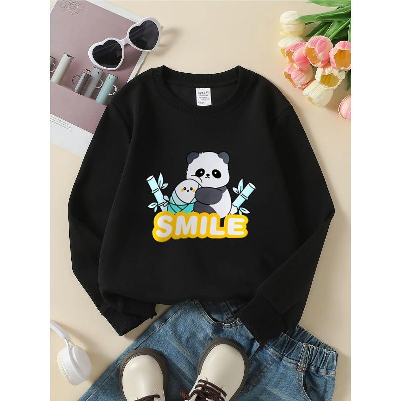 European sizes Kids' Crewneck Sweatshirt - Cute Panda Holding Bamboo Rayon Rayon Smile , Sportswear And Casual Wear, Soft And Comfortable