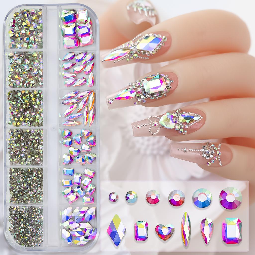 12 Grids/Box Crystal Nail Art Rhinestones Mixed Sizes Flatback Nail Stones Gems Luxury 3D DIY Charms For Nail Art Decorations