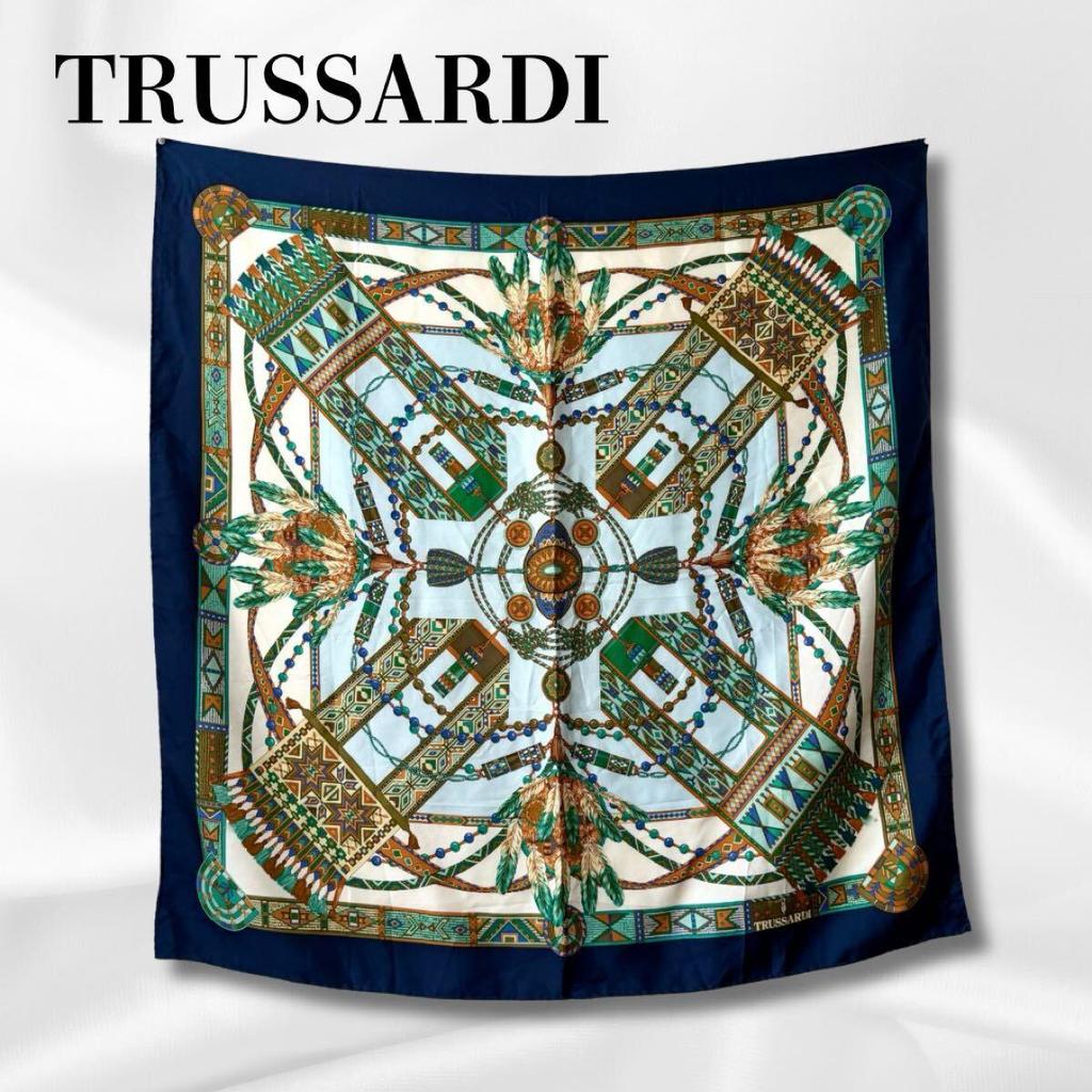 Б/у Шарф TRUSSARDI Большой Шелковый С Принтом По Всей Поверхности Темно-синий