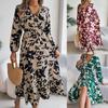 Women Spring Casual Flower Waist Dress Long Sleeved Ruffle Edge Dress Summer Beach Dress Printed Long Dress