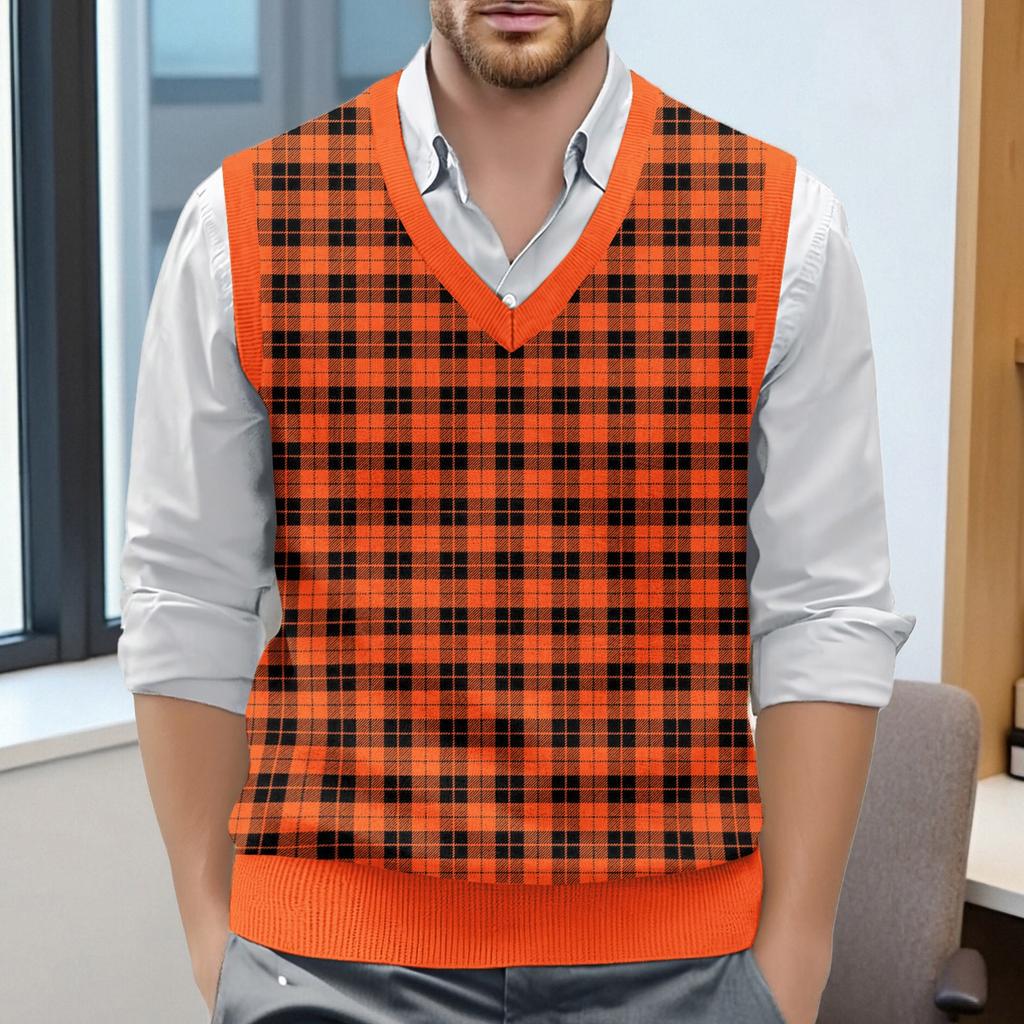 Мужской жилет без рукавов с клетчатым принтом и V-образным вырезом, вязаный джемпер