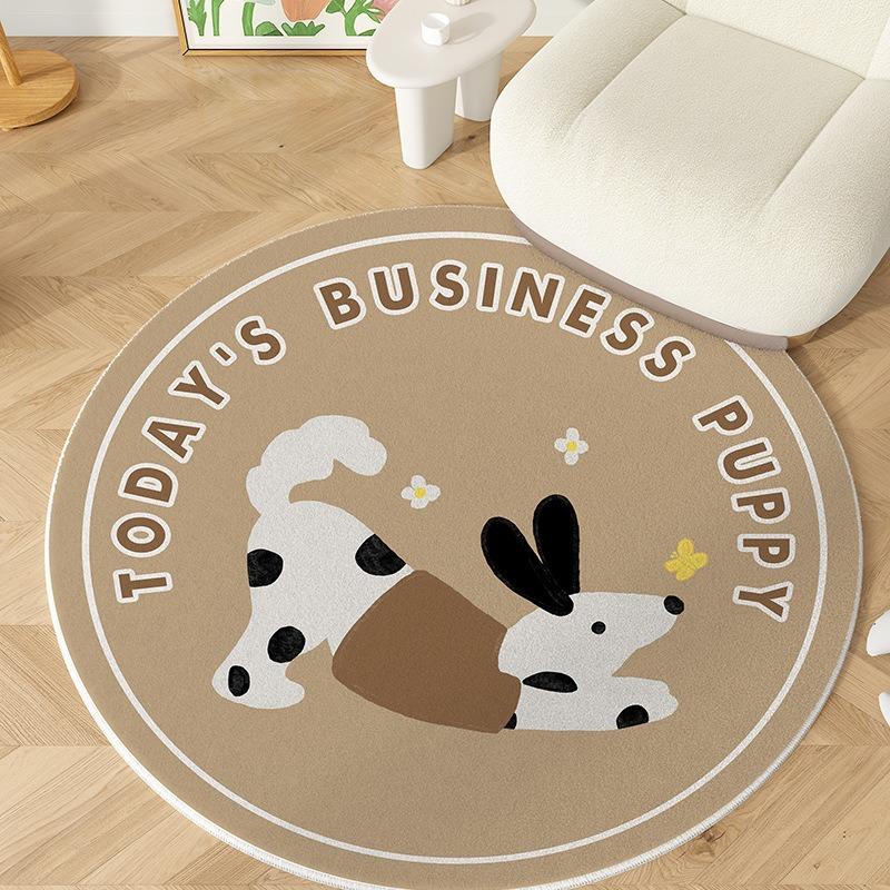 Cute Cartoon Animal Round Area Rug with Bear Dog Patterns and Text Designs Floor Mat for Kids Room Living Room Home Decor