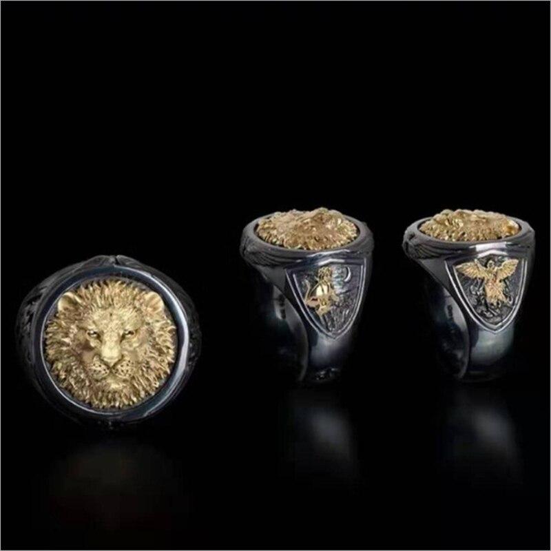 Signet Ring Male Vivid Big Gold Lion Head Man Black Ring Two-color Luxury Ring Punk Ring Man  Angel and Devil Ring