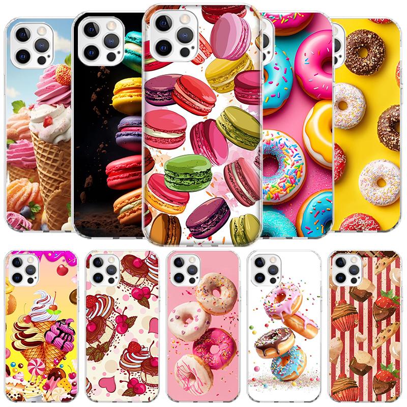 Macaron Ice Cream Cake Doughnut Cover Phone Case For iPhone 16 17 Air 15 14 Pro Max 16E Phone Case 13 Mini 12 11 7 SE 8 Print Pa
