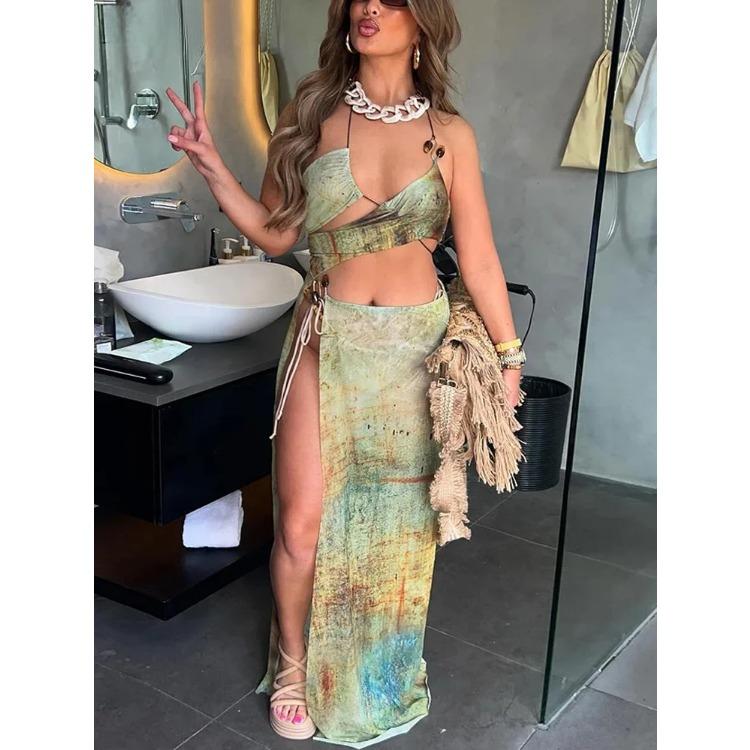 Эстетичный комплект из двух предметов с принтом, женский, с бретелькой через шею, нестандартная майка + высокие боковые разрезы, макси-юбки, женские наряды для отпуска