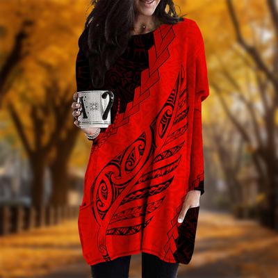 Новинка осени Тотемный лист Принт Плюс Размер Платье Женское O-образный вырез Длинные рукава Повседневные Карманные Платья