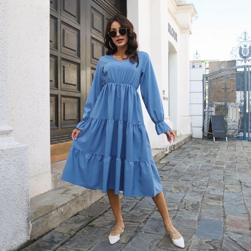 GMXIA Women's Fashion Summer Spring Solid Color Print Long Sleeve V-Neck High Waist Casual Dresses