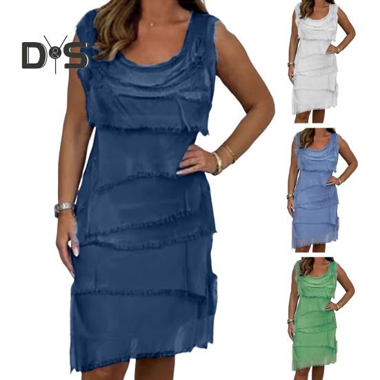 Леди летнее платье с бахромой, рваные, многослойные, без рукавов, с круглым вырезом, сплошной цвет, длиной до колена, пуловер трапециевидной формы с наклонным краем, повседневное платье миди для свиданий