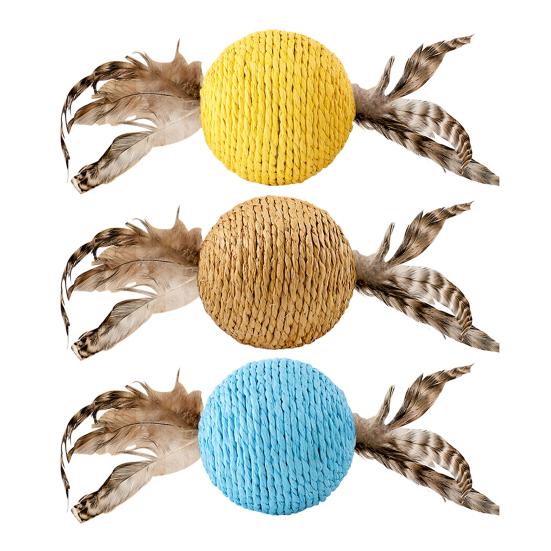 Cat Sisal Scratching Ball Toy Interactive Anti-Bite Sounding Toy Cat Scratcher Sisal Ball with Feather