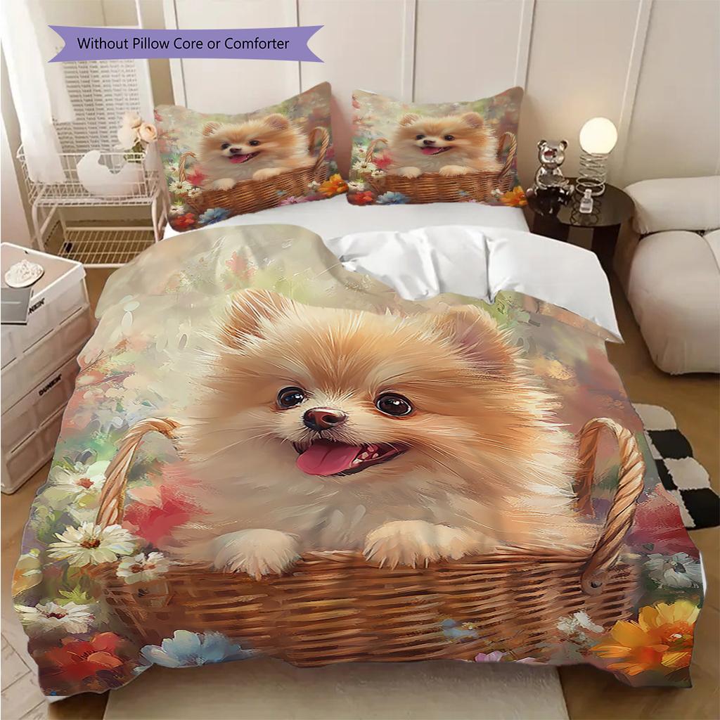 Pomeranian Pattern Bedding Quilt Set Quilt Cover Pillowcase Home Decoration Birthday Gift (1 * duvet cover + 2 * pillowcase, without core)