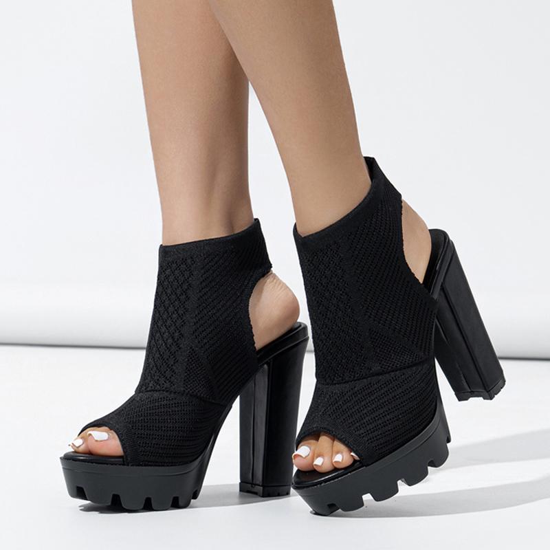 Liyke Punk Style Chunky High Heels Platform Boots Women Thick Bottom Peep Toe Stretch Fabric Socks Shoes Ankle Booties Sandals