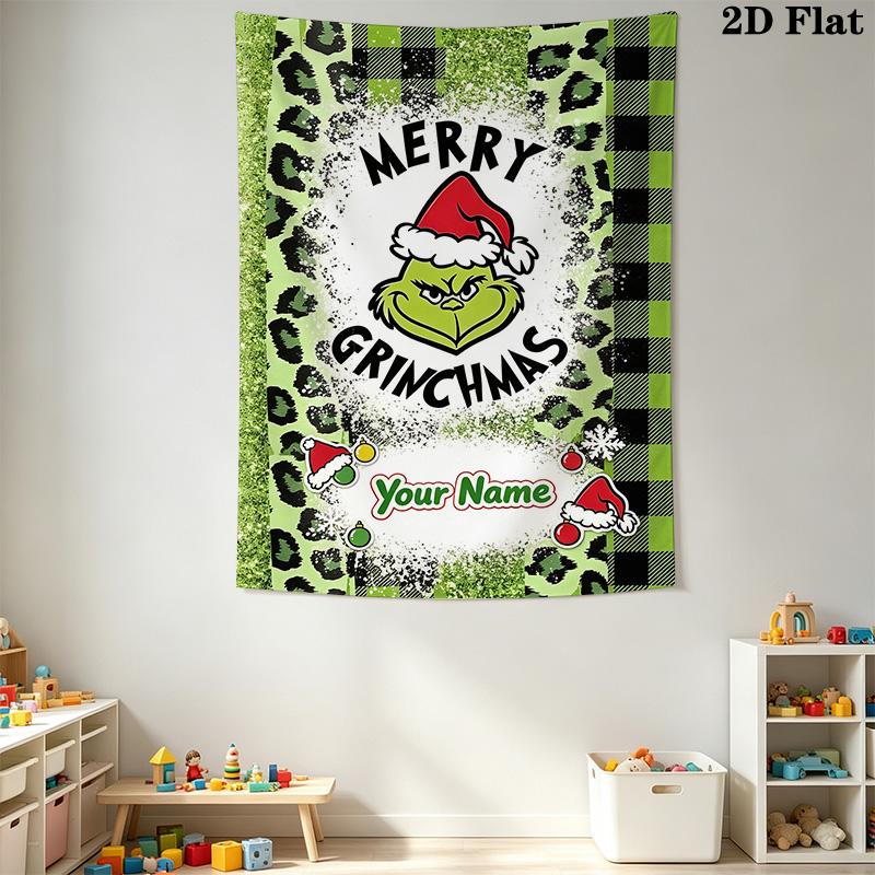 Name Custom Christmas Green Monster Wall Tapestry Aesthetic Wall Hanging Printed Fabric Blanket Decorative Tapestries for Bedroom Living Room Home Dec