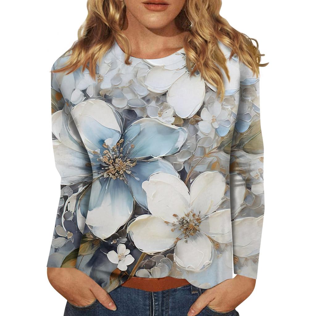 Женская мода повседневный топ с длинным рукавом и круглым вырезом с цветочным принтом