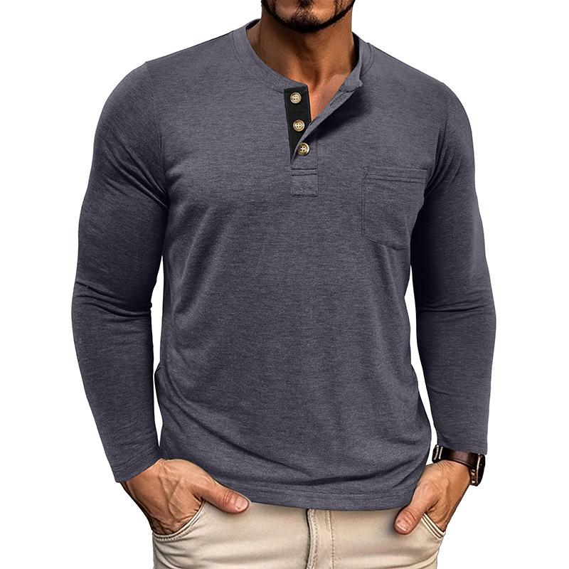 Мужская повседневная футболка-henley с длинным рукавом, color block